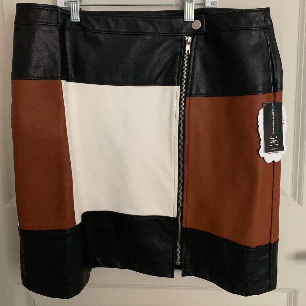 INC International Concepts Colorblock Faux Leather Skirt in Black, White, Brown - Picture 2 of 11